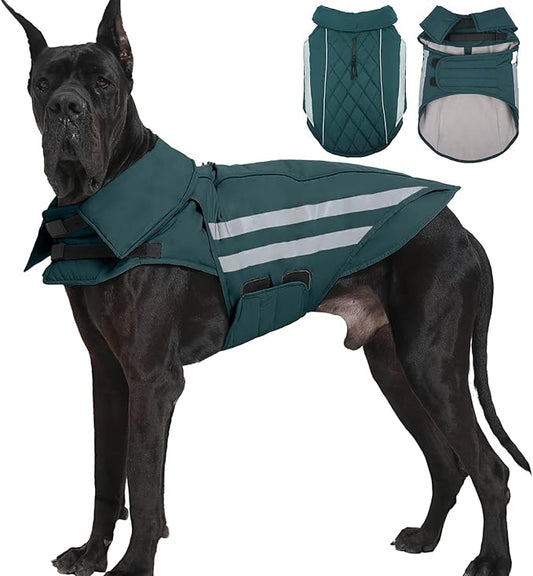 Dog Winter Coat Waterproof Dog Jacket with Harness Hole Reflective Windproof Fleece Snowsuit Turtleneck Hook & Loop Cold Weather Coats for Large Dogs Great Dane Doberman, Green 4XL