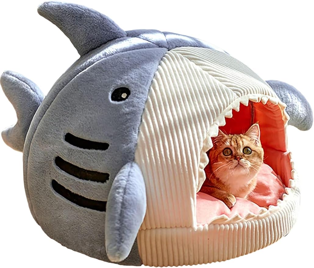 QWINEE Cat Mat Shark-Shaped Kennel Kitten Bed Hideout House Warm Soft Comfortable Semi-Closed Cat Dog Nest Blue M