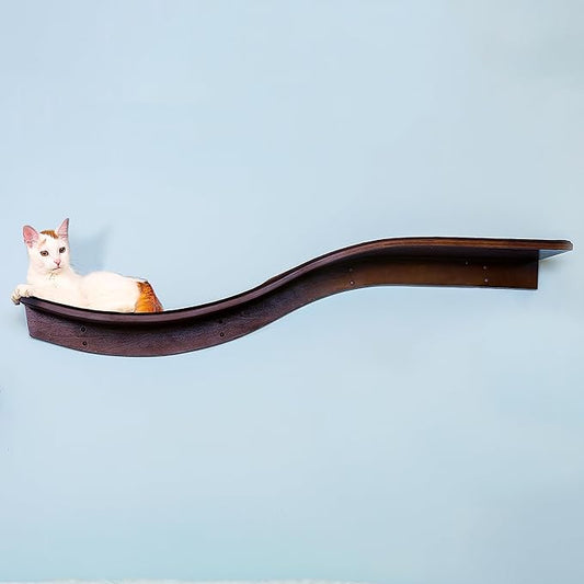THE REFINED FELINE 60 Inch Lotus Branch Cat Shelf in Brown Mahogany Right Facing with Replaceable Carpet, Playing, Climbing, & Lounging Cat Shelves and Perches for Wall