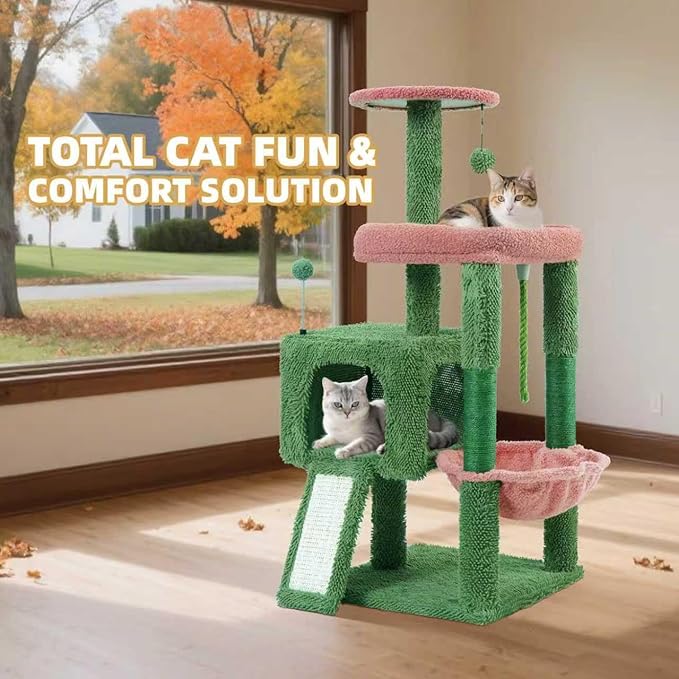 TWDEPART 37.5" All-in-One Cat Tree Tower with Scratching Board & Posts Cozy Sleeping Perch Hammock and Toy Balls, Green