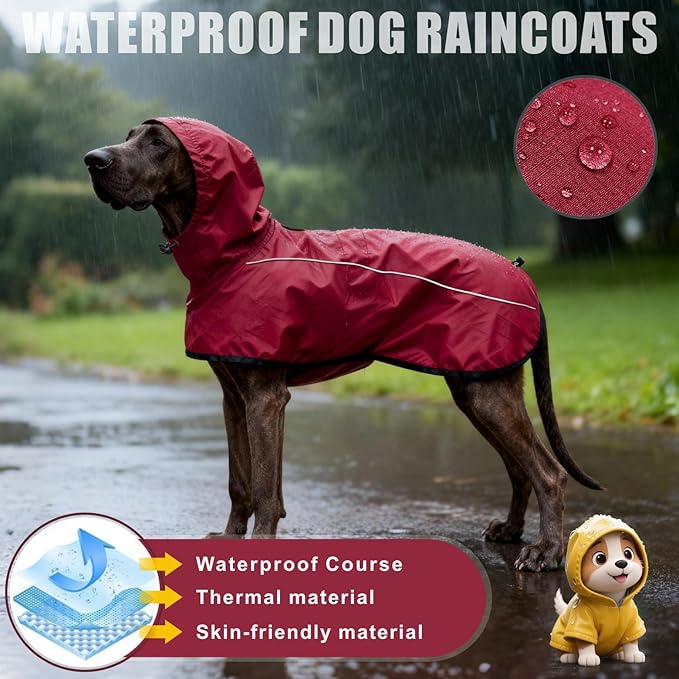 Mosucoirl Dog Raincoat Jacket Reflective Adjustable Hooded Pet Poncho Rain Coats with Leash Hole Waterproof Clothes for Small Medium Large Dogs (Red, M)