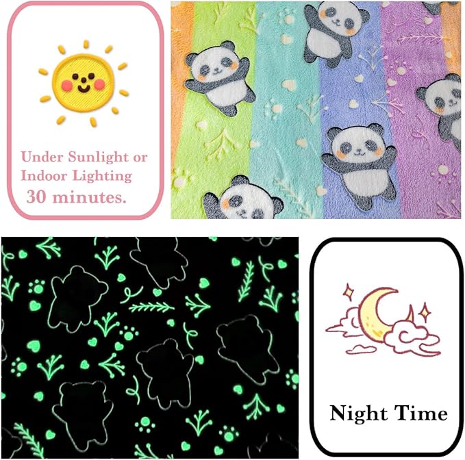 Best Gift Halloween Glow in The Dark Panda Throw Blanket with Storage Bag, Soft Cozy Kids Blanket for Birthday New Year, Fun Cartoon Panda Colorful, 50"x60" Twin Size
