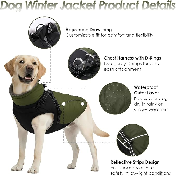 ASENKU Reflective Dog Coat with Built-in Harness, Windproof Fleece-Lined Dog Jacket for Small, Medium, Large Dogs, Warm Winter Vest with Turtleneck & Zipper (Green 3XL)