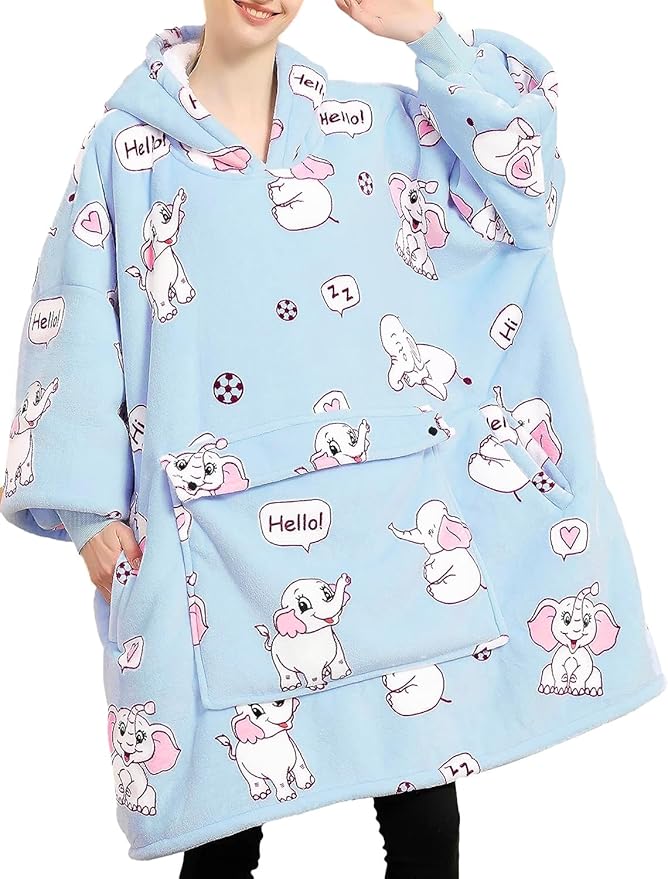 KFUBUO Wearable Blanket Hoodie for Adults Sherpa All Patterns Elephant Oversized Sweatshirt Blanket with Pockets Cute Hoodies Gifts for Women
