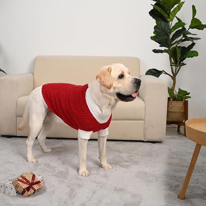 Dog Sweater for Large Dogs Argyle Cable Knit Turtleneck Pullover Winter Clothes Boys Girls Stretch Golden Retriever Labrador Bulldog Pitbull Doberman Pet (XXL, Red)