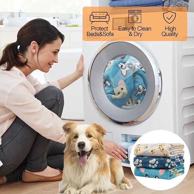 Rezutan 1 Pack 3 Blankets for Dogs, Dog Blanket for Small Pet Cat, Premium Soft Fluffy Suitable for Dog Kennels & Beds, Gifts Puppy Blanket Essentials, 23x16 inch, Blue/Beige/Navy Blue