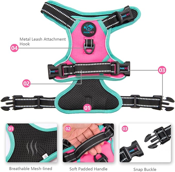 PHOEPET 2019 Upgraded No Pull Dog Harness, Reflective Adjustable Vest, with a Training Handle + 2 Metal Leash Hooks+ 3 Snap Buckles +4 Slide Buckles(L, Pink)