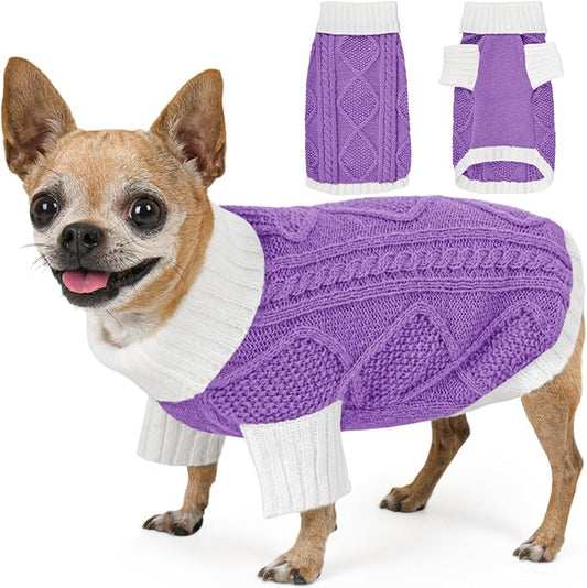 Dog Sweater for Small Dogs Argyle Cable Knit Turtleneck Pullover Winter Clothes Boys Girls Stretch Puppy Doggie Chihuahua Yorkie Pomeranian Toy Poodle Pet (XS, Purple)