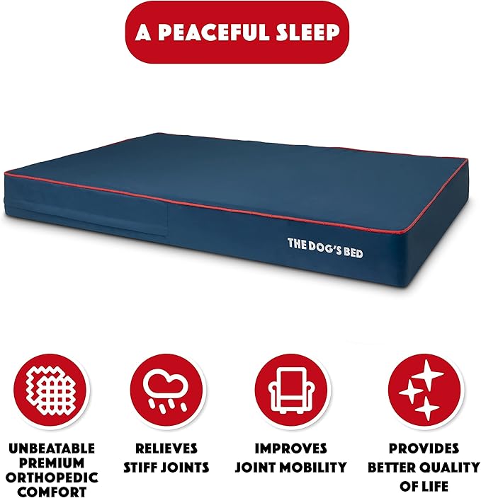 The Dog’s Bed Orthopedic Cooling Memory Foam Dog Bed, XXL Blue & Red Trim, Pain Relief for Arthritis, Hip & Elbow Dysplasia, Post Surgery, Lameness, Supportive, Calming, Waterproof Washable Cover
