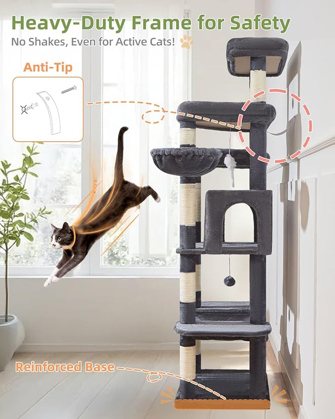 Taoqimiao 71 Inches Cat Tree for Large Cats 20lbs+, 3 Giant Perches, Multi-Level Cat Tree Tower, Widened Cat Condo with 9 Scratching Posts, Luxurious Hammcock & Basket, Smoky Gray, MS034G