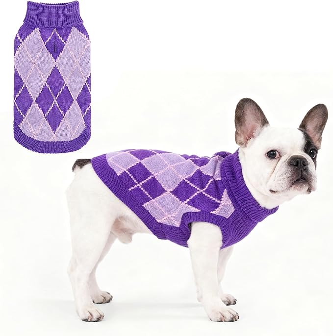 KOOLTAIL Dog Sweater, Knit Turtleneck Cold Weather Dog Sweaters for Small Medium Large Dogs,Soft Diamond Plaid Pullover Knitwear Pet Winter Warm Clothes,Pet Coat Puppy Sweater for Girls Boys,Purple L