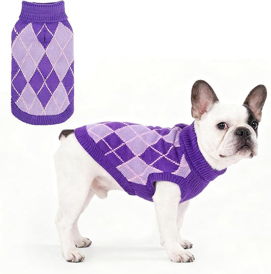 KOOLTAIL Dog Sweater, Knit Turtleneck Cold Weather Dog Sweaters for Small Medium Large Dogs,Soft Diamond Plaid Pullover Knitwear Pet Winter Warm Clothes,Pet Coat Puppy Sweater for Girls Boys,Purple L