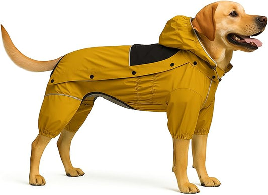 LOVELONGLONG Fleece-Lined Dog Raincoat with Removable Hood – Waterproof Winter Full Body Dog Jacket – Windproof Snowproof Cold-Weather Suit – Yellow-F S+