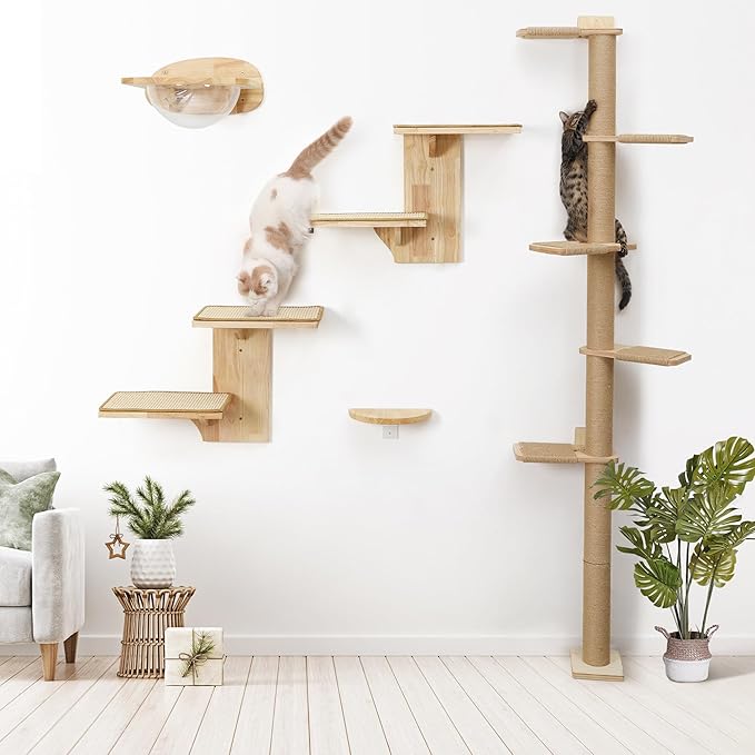 FUKUMARU Tall Cat Tree, 5 Tier Floor to Ceiling Cats Tower, Wall-Mounted Kitten Scratching Post, Wild Simulation Kittens Wall Shelves, Suitable for Climb, Scratch, Lookout and Play