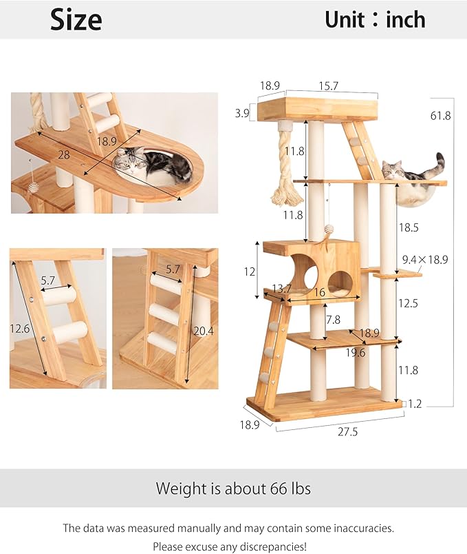 Wood Cat Tree for Large Cats, 62-Inch Tall Modern Cat Tower with Condo & Scratching Posts - Easy to Clean, Heavy-Duty, Furniture-Grade Design for Stable Climbing, Eco-Friendly (White 62'')