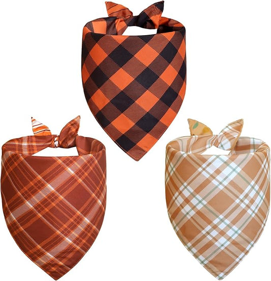 Fall Dog Bandanas XLarge 3PCS, 6 Pattern Thanksgiving Scarf for Boy and Girl, Plaid and Stripe Triangle Reversible Bibs Breed for Puppy Pets