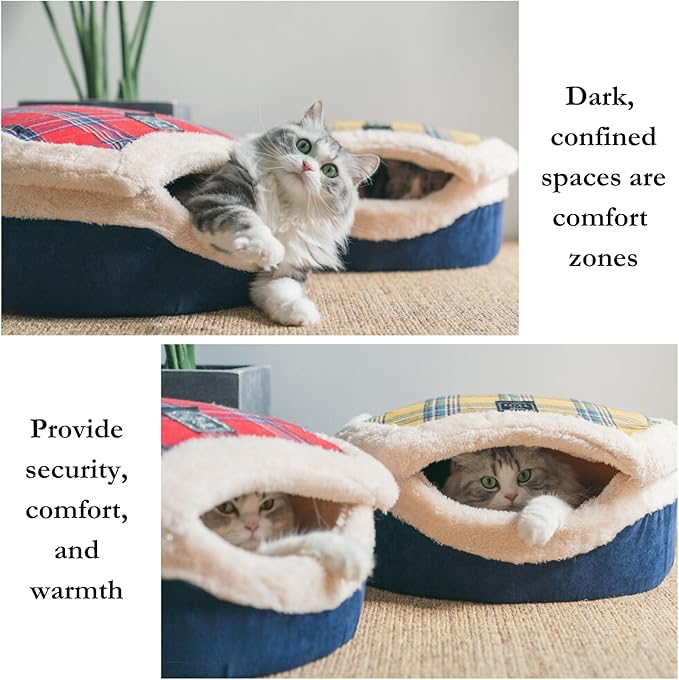 Cat Cave Bed – Plush, Warm & Calming Hideaway with Detachable Lid & Mat, Covered House for Indoor Kitten & Kitty (Redwhite)