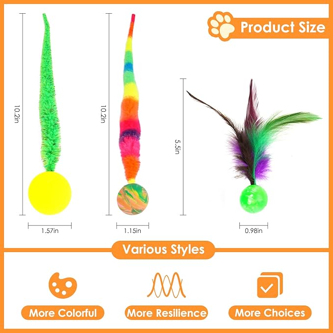 SHENGSEN Feather Wand Cat Toy，Bouncy Ball with Tail Cat Toys，Magic Worm with Large Colorful Ball Toy for Cats，Cat Feather Toys for Indoor Cats,Colorful Fuzzy Worm Bouncy Balls Cat Toy