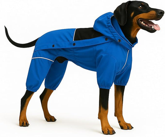 LOVELONGLONG Waterproof Dog Raincoat with Removable Hood – Outdoor Full Body Dog Jacket, Windproof Snowproof Shell Suit – All Season Pet Rain Gear Blue 3XL