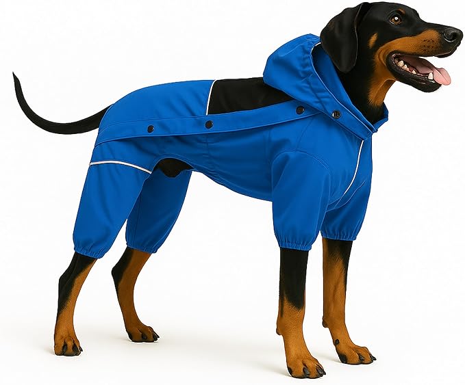 LOVELONGLONG Waterproof Dog Raincoat with Removable Hood – Outdoor Full Body Dog Jacket, Windproof Snowproof Shell Suit – All Season Pet Rain Gear Blue 4XL
