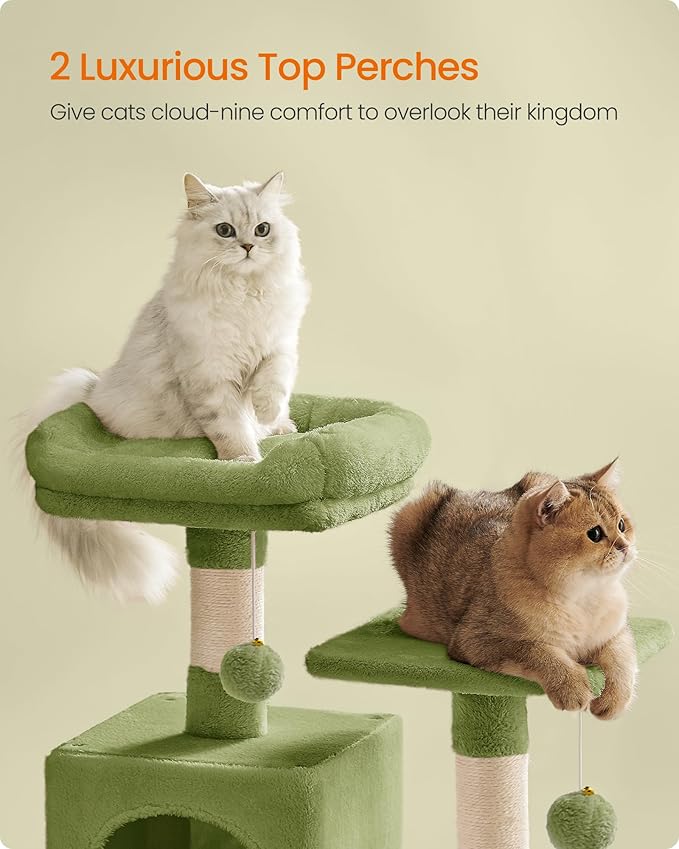 Feandrea Cat Tree, 61-Inch Cat Tower for Indoor Cats, Plush Multi-Level Cat Condo with 5 Scratching Posts, 2 Perches, 2 Caves, Hammock, 2 Pompoms, Grass Green UPCT192C02