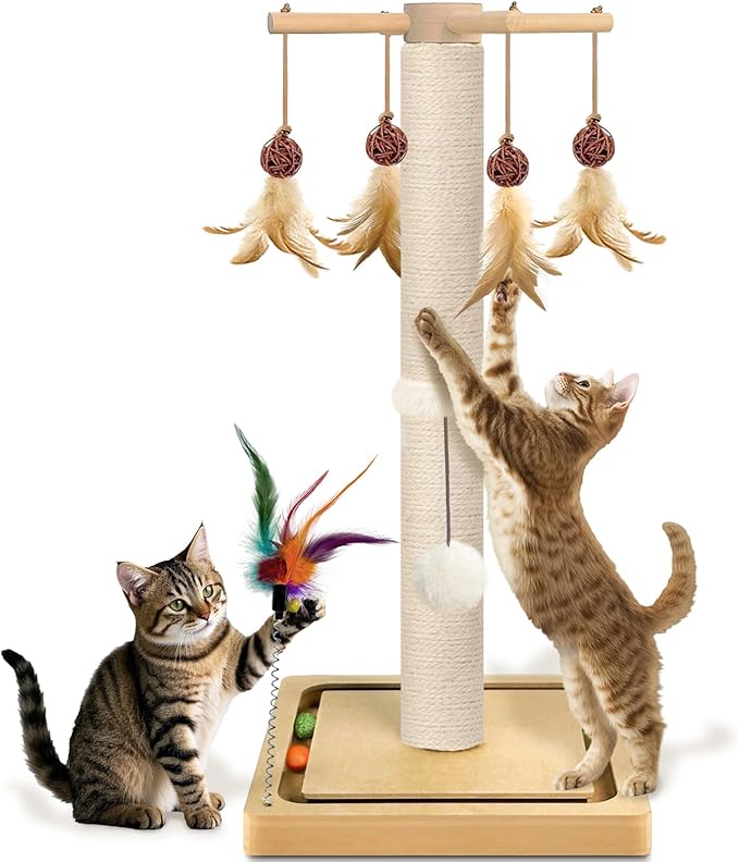 Cat Scratching Post, Sisal, Scratcher Tree Tower for Indoor Cats Adults with Hanging and Ball Track, 2 Mounting Methods Interactive Furniture Toys for Kitten, 25 Inches