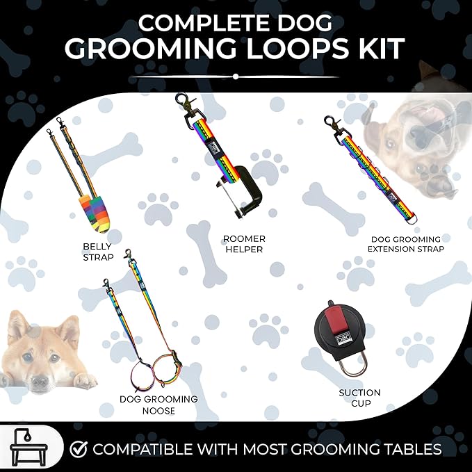 Prestige Elite - Set of 6 - Dog Groomers Helper Grooming Loops for Dogs Groomers - Adjustable Biothane Dog Grooming Loop, Belly Strap, Grooming Noose, Extension Strap & More - Pet Grooming Leash