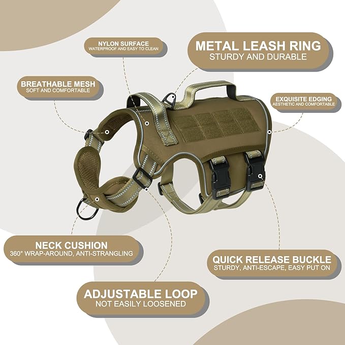 Tactical Dog Harness Medium Sized, Heavy Duty No Pull Dog Harness with Handle, Easy On and Off Service Dog Vest with Molle System, Adjustable Reflective Pet Vest for Walking Hiking Training