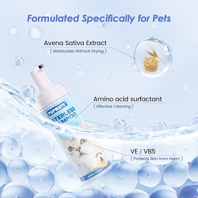 Cat Waterless Shampoo with Brush - No Rinse Formula for Quick Clean Between Baths, Hypoallergenic & Detangling, Reduce Itchy Skin Shedding & Odor Control,Vet-Recommended for Kittens/Senior Cats