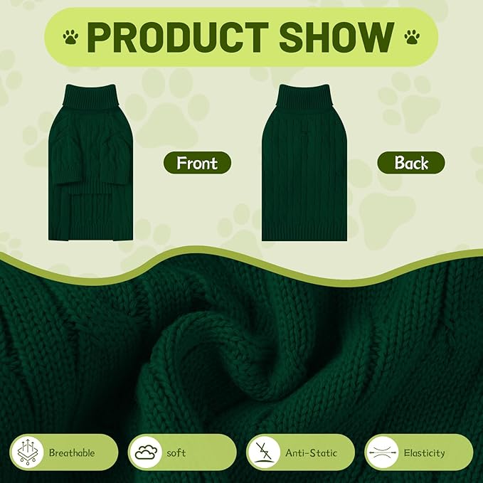 Small Dog Thermal Pullover Sweater, Classic Turtleneck Cable Knitwear Dog Clothes for Cold Weather Warm Pet Clothes for Chihuahua, Bulldog, Dachshund, Pug Green Medium