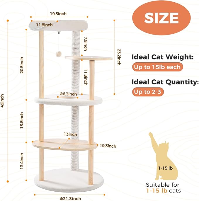 49” Wood Cat Tree Tower for Indoor Cats, 5-Level Modern Cat Tower with Curved Top Perch, Fully Cotton Scratching Posts & Natural Wood Posts, Cat Furniture with Interactive Dangling Ball, Beige