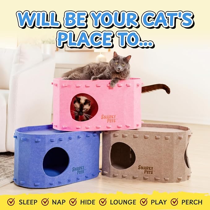 Tess & Liza Felt Cat Cave – Cozy Hideaway for Cats & Kittens | Eco-Friendly Felt Cat House | Durable & Spacious Cat Bed for Large Cats | Stylish Indoor Pet Furniture by Snarky Pets™ Blue