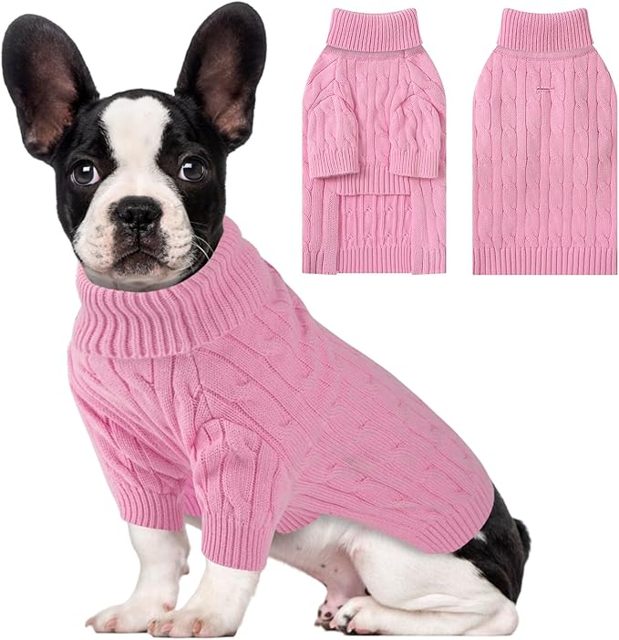 Small Dog Thermal Pullover Sweater, Classic Turtleneck Cable Knitwear Dog Clothes for Cold Weather Warm Pet Clothes for Chihuahua, Bulldog, Dachshund, Pug Pink X-Large