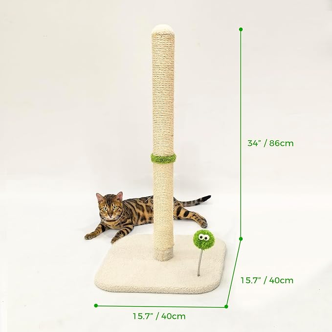 TINYBEAST 34" Tall Cat Scratching Post, Cat Scratcher Featuring Natural Sisal Rope, Cat Tree with Interactive Plush Toy Ball and Stable Base for Indoor Large Adult Cats & Kittens(Beige)