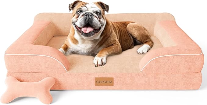 Dog Beds for Large Dogs, Orthopedic Dog Bed with Cooling Gel Memory Foam, Waterproof Large Pet Bed with Removable Washable Cover, 36" Pet Sofa Couch Dutch Velvet with Bone Toy, Peach Pink