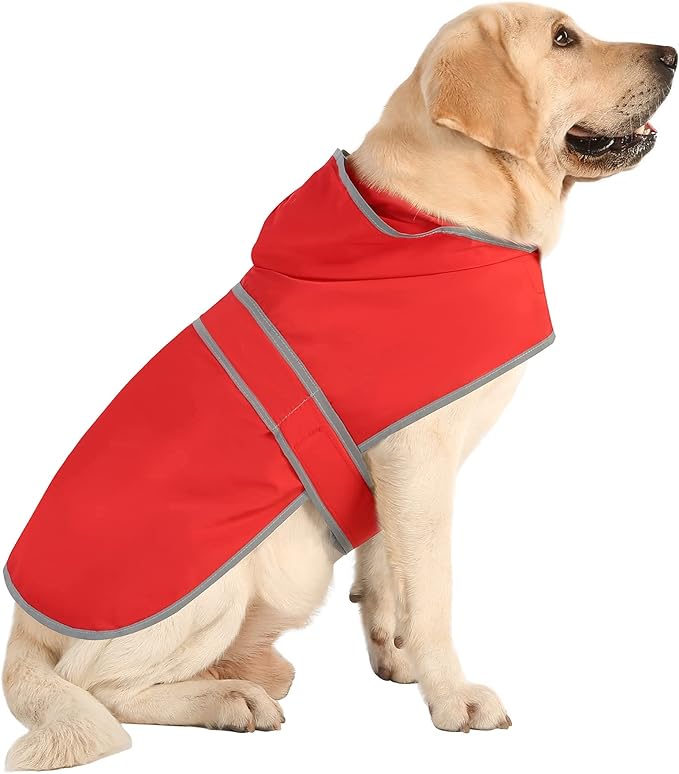 Dog Rain Coat for Large Dogs Waterproof Hooded Rain Jacket with Reflective Strips Leash Hole & Poncho Adjustable Fit (Red,XL)