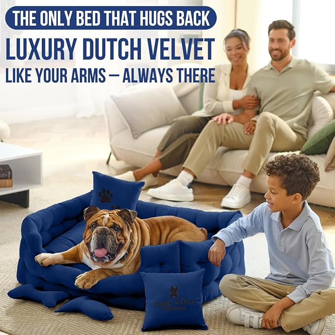 Luxury Dog Bed Chesterfield – Handcrafted Velvet Throne for Dogs | Joint Support, Calming & Temp-Regulating Comfort | Durable 5+ Years, Anti-Claw, Washable 100+ Times – L, Blue