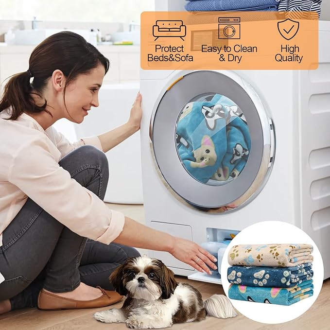 Rezutan Premium Dog Blankets for Large Dogs & Cat Flannel Blanket Washable, Soft Pet Throw Cover for Kennel Crate Bed, Cute Paw Pattern,41x31 inch, Blue/Beige/Navy Blue