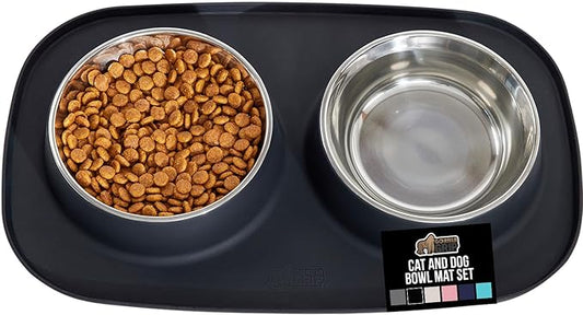 GORILLA GRIP Feeding Mat Set, 4 Cup, Patent Pending 100% Waterproof BPA Free Silicone, Stainless Steel Cat and Dog Bowls, Slip Resistant, High Edges Catch Water Food, US Designed Pet Accessories Black