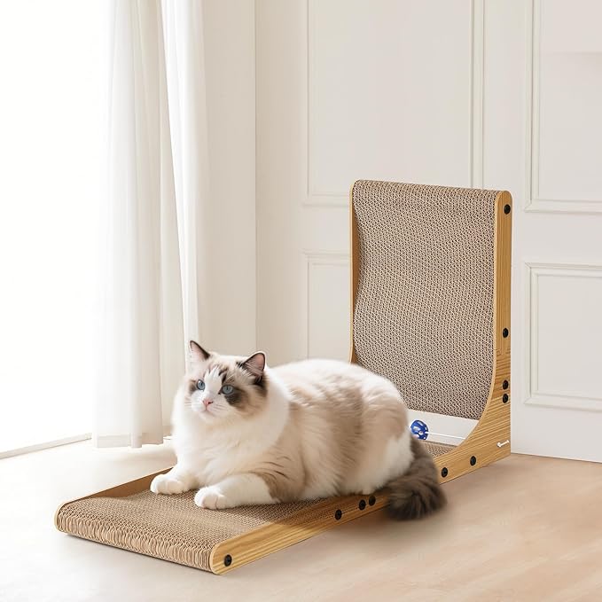 Cat Scratcher with Replacement Cardboard, 27.6" L Shape Wall Mounted Cardboard Cat Scratchers for Indoor Cats, Large Protecting Furniture Cat Scratch Pad with Ball Toy, Catnip