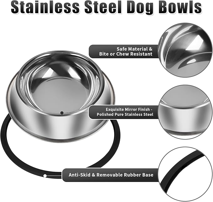 3Pcs Stainless Steel Dog Bowls Set - Non-Slip Food and Water Bowl 13 Oz - Dishwasher-Safe, Rust Resistant Metal Pet Bowls for Small/Medium/Large Sized Pets