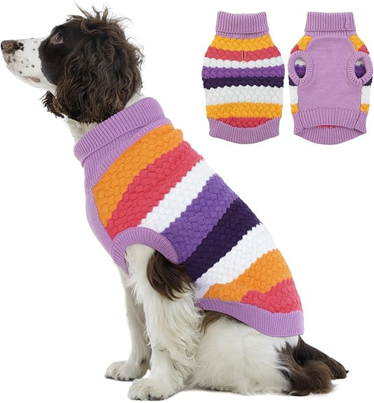 Kuoser Dog Sweater, Pet Cable Knitted Pullover Puppy Warm Clothes, Doggy Turtleneck Classic Knitwear Soft Thickening Doggie Outfit, Cold Weather Thermal Wear for Large Size Dogs, Purple 2XL