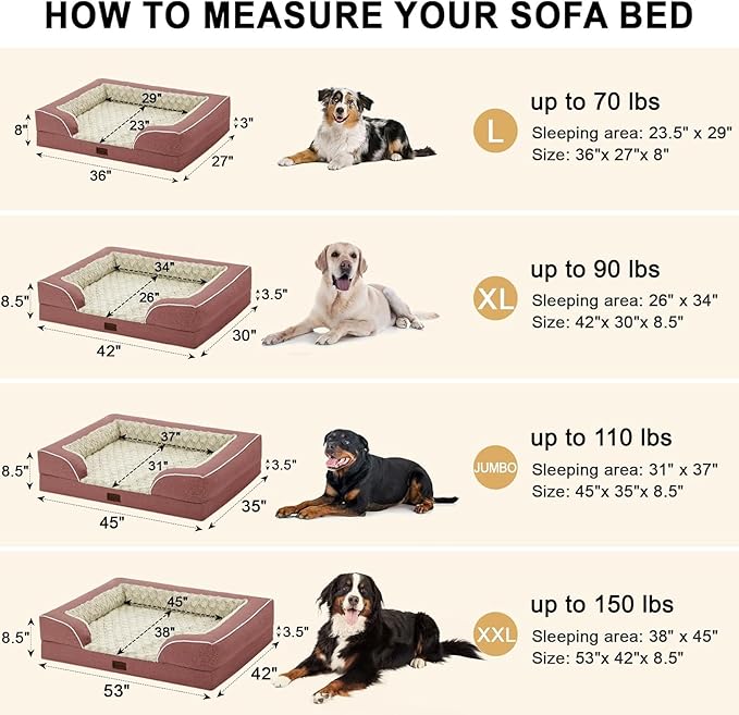 Orthopedic Dog Beds for Large Sized Dogs, Waterproof Memory Foam Large Pet Bed with Sides 36x27Inch, Non-Slip and Egg-Crate Foam Big Dog Couch Bed with Removable Washable Cover, Pink