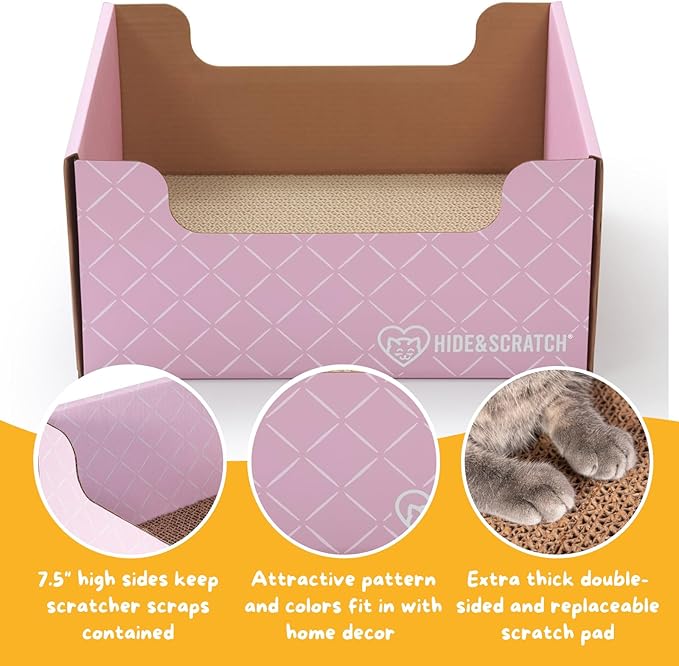 HIDE & SCRATCH Cat Scratcher Box and Cat Bed with Refillable Double-Sided Cardboard Scratch Pad for Indoor Cats