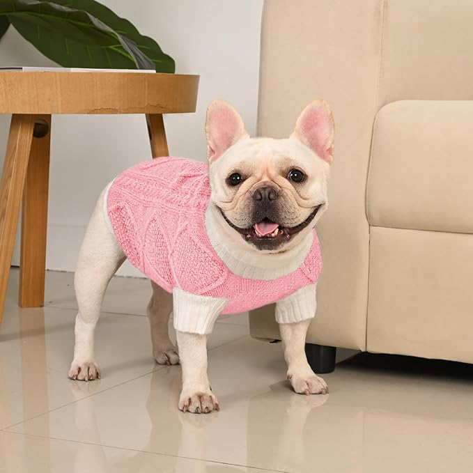 Dog Sweater for Medium Dogs Argyle Cable Knit Turtleneck Pullover Winter Clothes Boys Girls French Bulldog Dachshund Corgi Beagle Pug Pet (L, Pink)