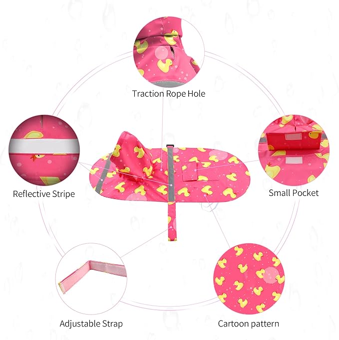NACOCO Large Dog Raincoat Adjustable - Pet Rubber Ducks Yellow Water Proof Clothes Lightweight Rain Jacket Poncho Hoodies with Strip Reflective Pink (Pink XL, Yellow Duck)