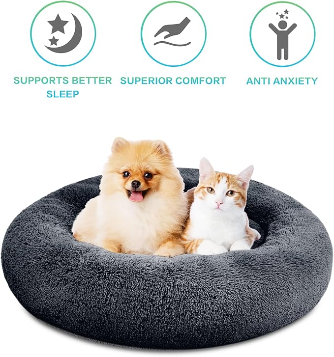 SAVFOX Plush Calming Donut Dog Beds for Small Dogs, Medium, Large & X-Large Breeds, Comfy Cuddler Dog Bed and Cat Bed in Faux Fur, Washable, Multiple Sizes S-XXL