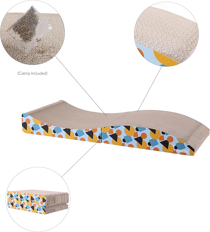 CSR1011A Eero 32" Modern Cardboard Foldable Lounge Cat Scratcher with Catnip, Blue/Orange