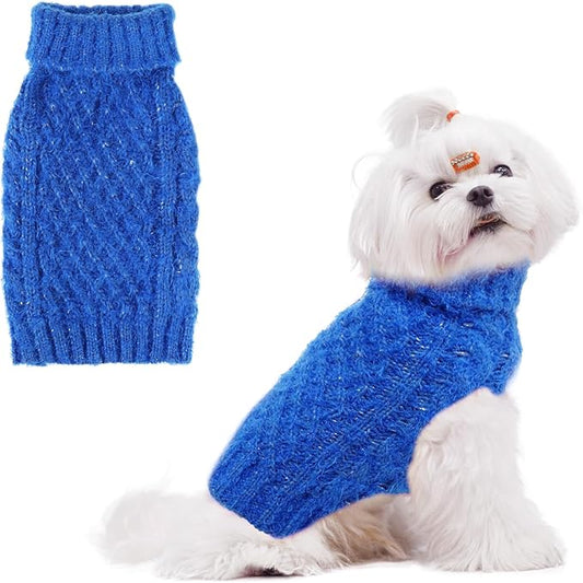 Turtleneck Small Dog Sweaters - Classic Cable Knitwear Winter Coat for Small Medium Dogs Male Female Puppy Dog Cold Weather Clothes Girls Boys, Blue, S/M