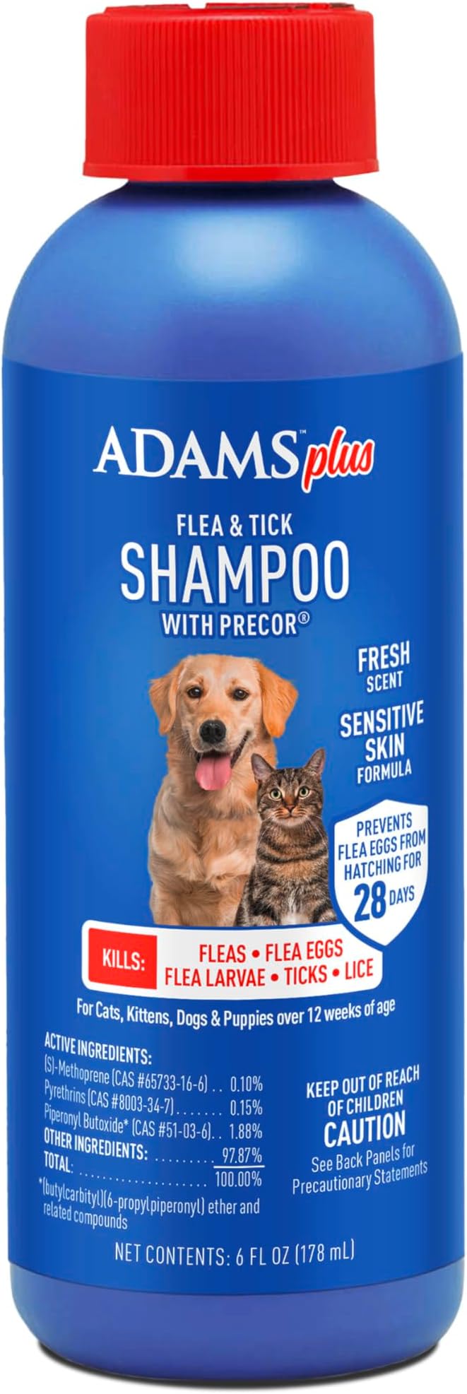 ADAMS Plus Flea & Tick Shampoo with Precor IGR for Cats, Kittens, Dogs & Puppies Over 12 Weeks Of Age, Sensitive Skin Flea Treatment, Kills Adult Fleas, Flea Eggs, Ticks, and Lice, 6 Ounces